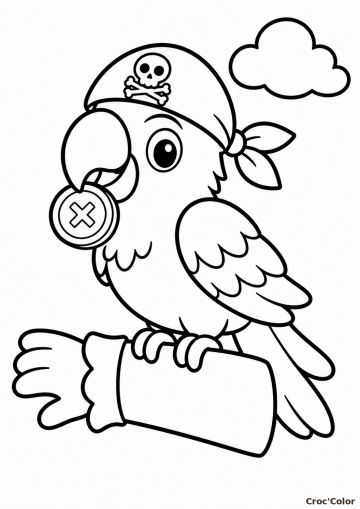 Coloriage Perroquet Pirate Facile Maternelle - Dessin Oiseau avec Pièce d'Or à Imprimer Gratuit