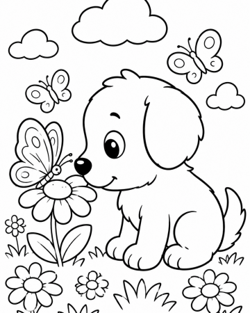 Coloriage Petit Chien et Papillons Maternelle - Dessin Chiot dans un Pré Fleuri à Imprimer Gratuit