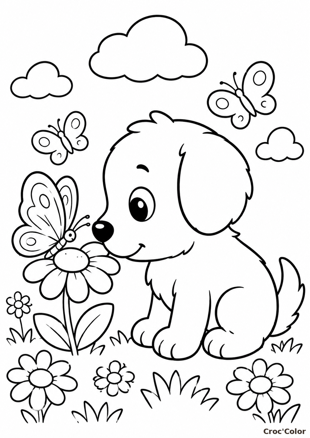 Coloriage Petit Chien et Papillons Maternelle - Dessin Chiot dans un Pré Fleuri à Imprimer Gratuit