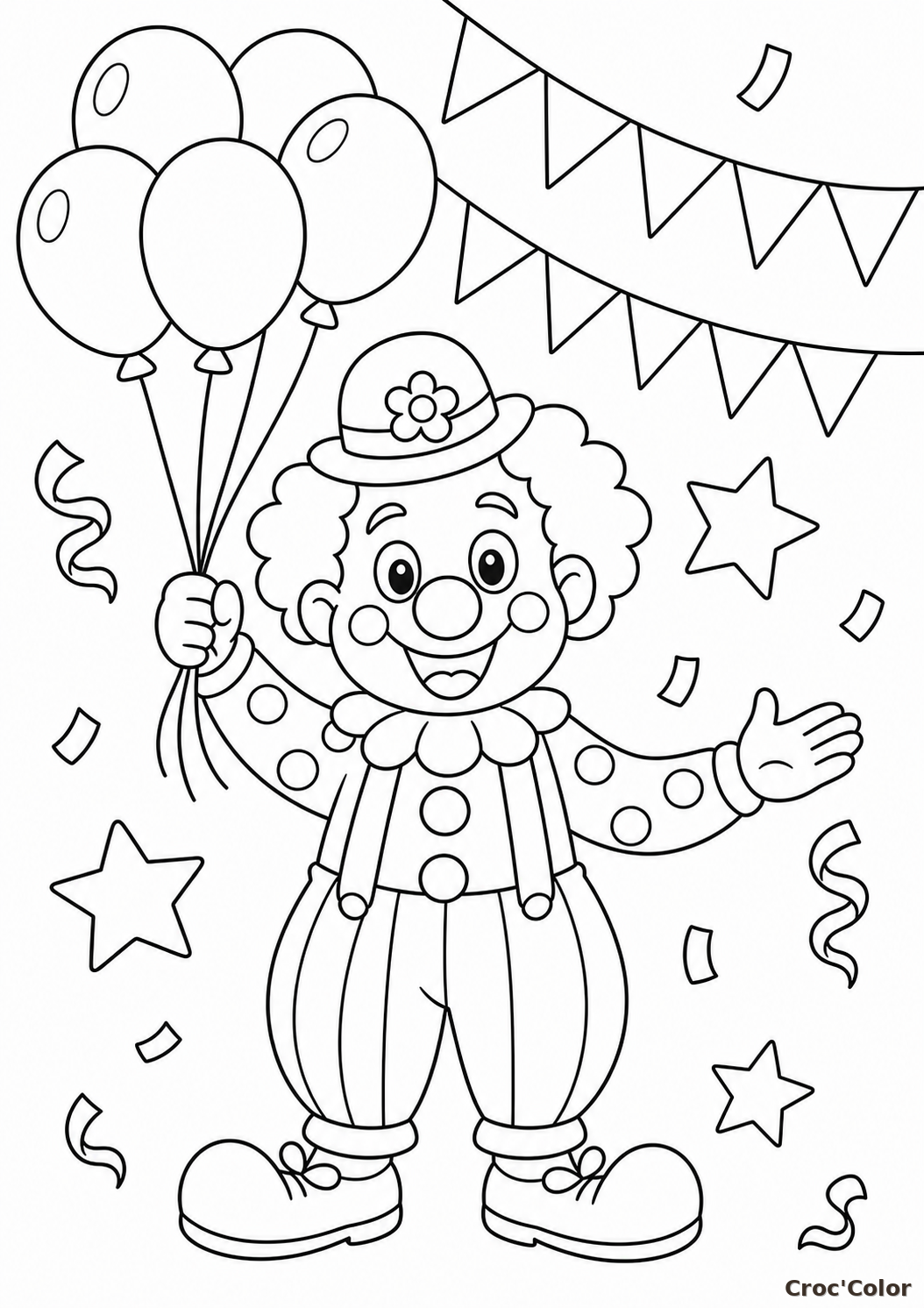 Coloriage Petit Clown et Ballons Fête - Dessin Clown Rigolo Maternelle à Imprimer Gratuit