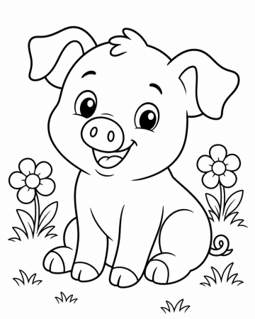 Coloriage Petit Cochon Mignon et Fleurs - Dessin de la Ferme Facile à Imprimer