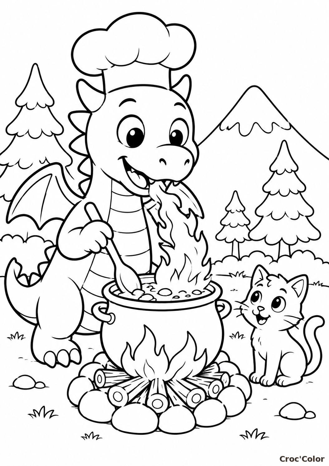 Coloriage Petit Dragon Cuisinier et Chaton - Dessin Dragon Toque de Chef, Marmite et Feux de Camp à Imprimer Gratuit