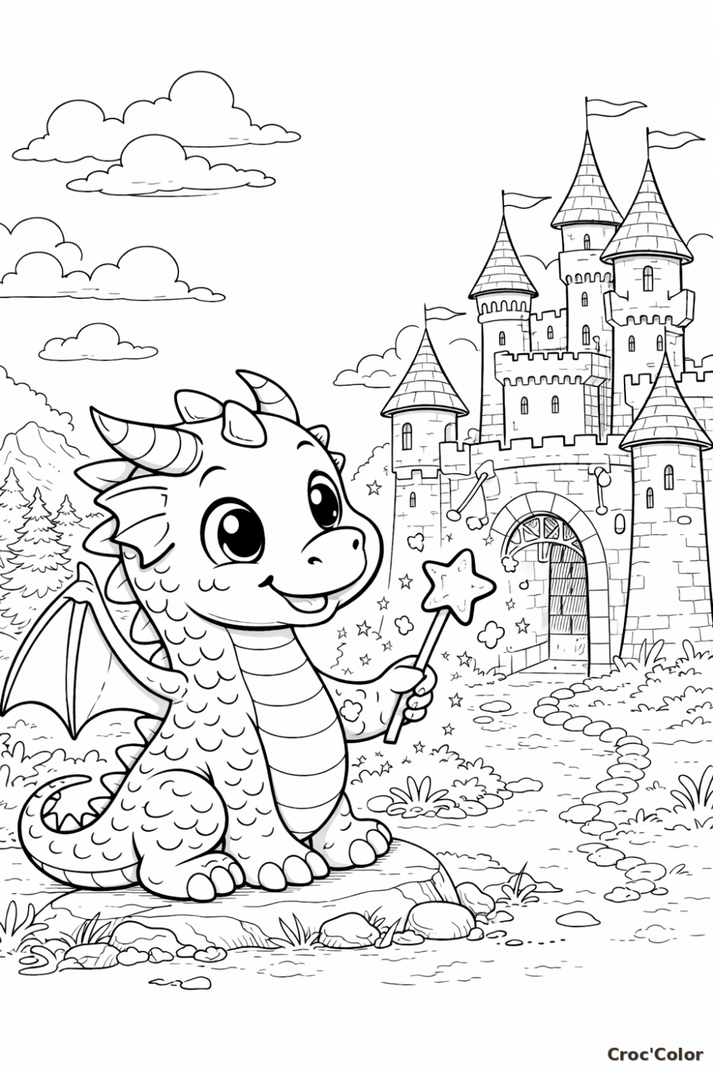 Coloriage Petit Dragon Mignon et Château - Dessin Dragon Féerique à Imprimer Gratuit