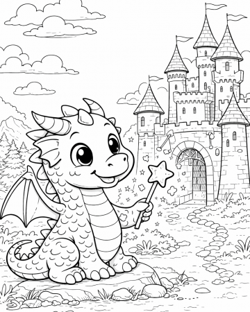 Coloriage Petit Dragon Mignon et Château - Dessin Dragon Féerique à Imprimer Gratuit