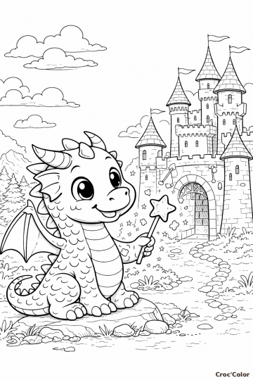 Coloriage Petit Dragon Mignon et Château - Dessin Dragon Féerique à Imprimer Gratuit