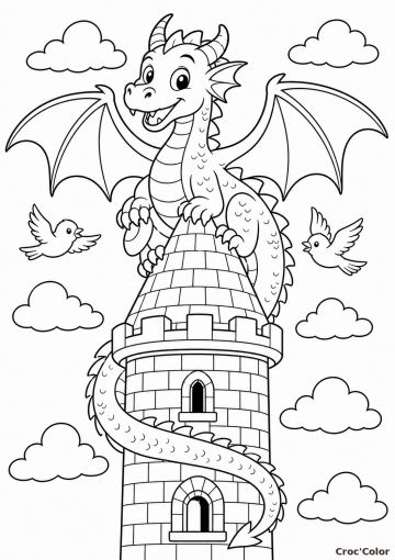 Coloriage Petit Dragon sur la Tour - Dessin Château Fort à Imprimer