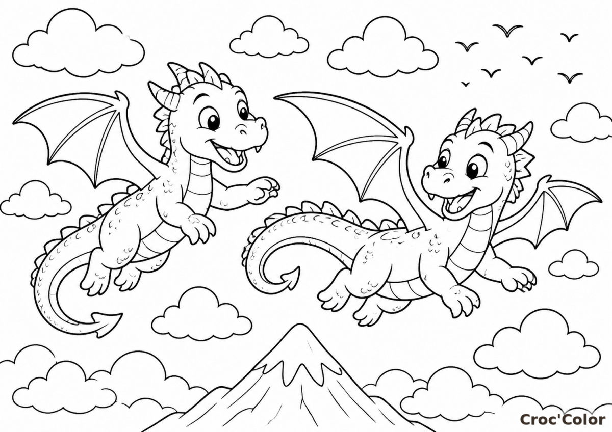 Coloriage Petit Dragon Volant Facile - Dessin Volcan et Nuages à Imprimer