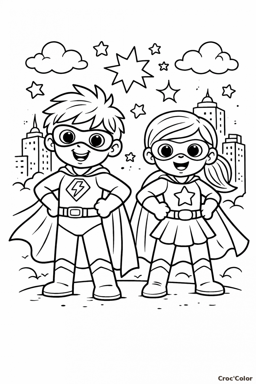 Coloriage Petit Duo Super-Héros Maternelle - Dessin Fille et Garçon à Imprimer