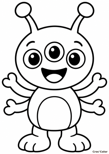 Coloriage Petit Extraterrestre Kawaii Facile Maternelle - Dessin Alien Rigolo, Trois Yeux, Antennes et Quatre Bras à Imprimer Gratuit