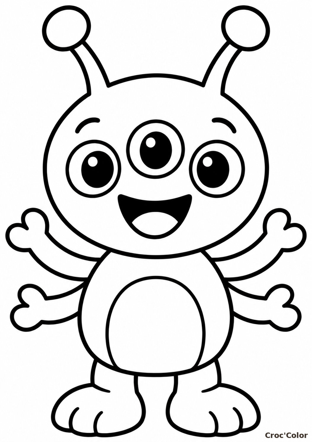Coloriage Petit Extraterrestre Kawaii Facile Maternelle - Dessin Alien Rigolo, Trois Yeux, Antennes et Quatre Bras à Imprimer Gratuit