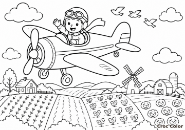 Coloriage Petit Pilote en Avion au-dessus de la Ferme - Dessin Avion à Hélice, Champs, Moulin et Paysage à Imprimer Gratuit