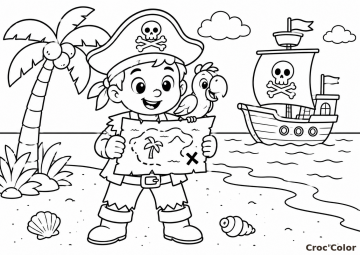Coloriage Petit Pirate et Carte au Trésor sur l'Île - Dessin Pirate Mignon, Perroquet, Bateau et Cocotier à Imprimer Gratuit