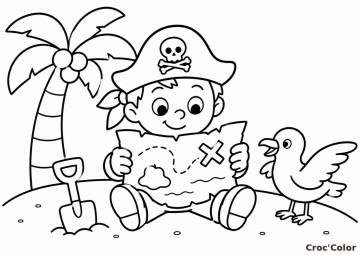 Coloriage Petit Pirate Maternelle - Dessin Chasse au Trésor sur une Île à Imprimer Gratuit