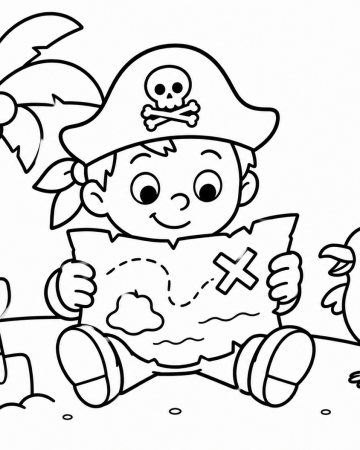 Coloriage Petit Pirate Maternelle - Dessin Chasse au Trésor sur une Île à Imprimer Gratuit