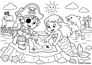 Coloriage Coloriage Petit Pirate et Sirène Carte au Trésor – Dessin Pirate, Sirène, Perroquet, Dauphin et Bateau à Imprimer Gratuit à imprimer