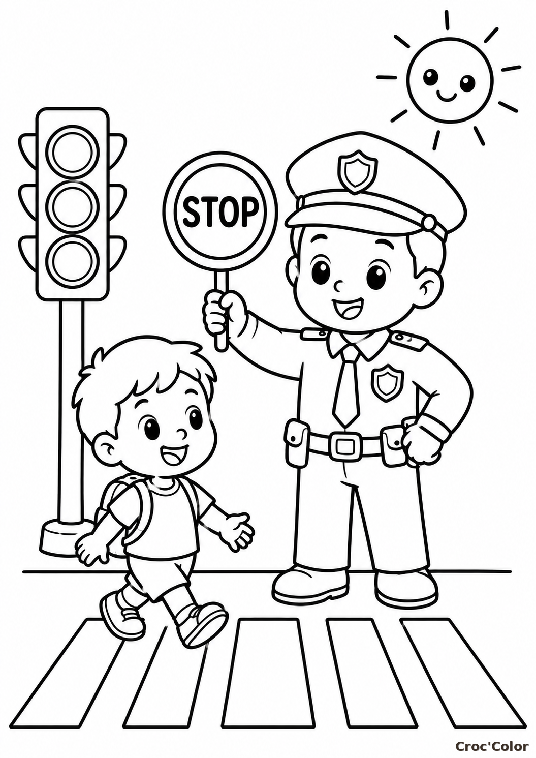 Coloriage Petit Policier et Enfant au Passage Piéton - Dessin Sécurité Routière Maternelle à Imprimer
