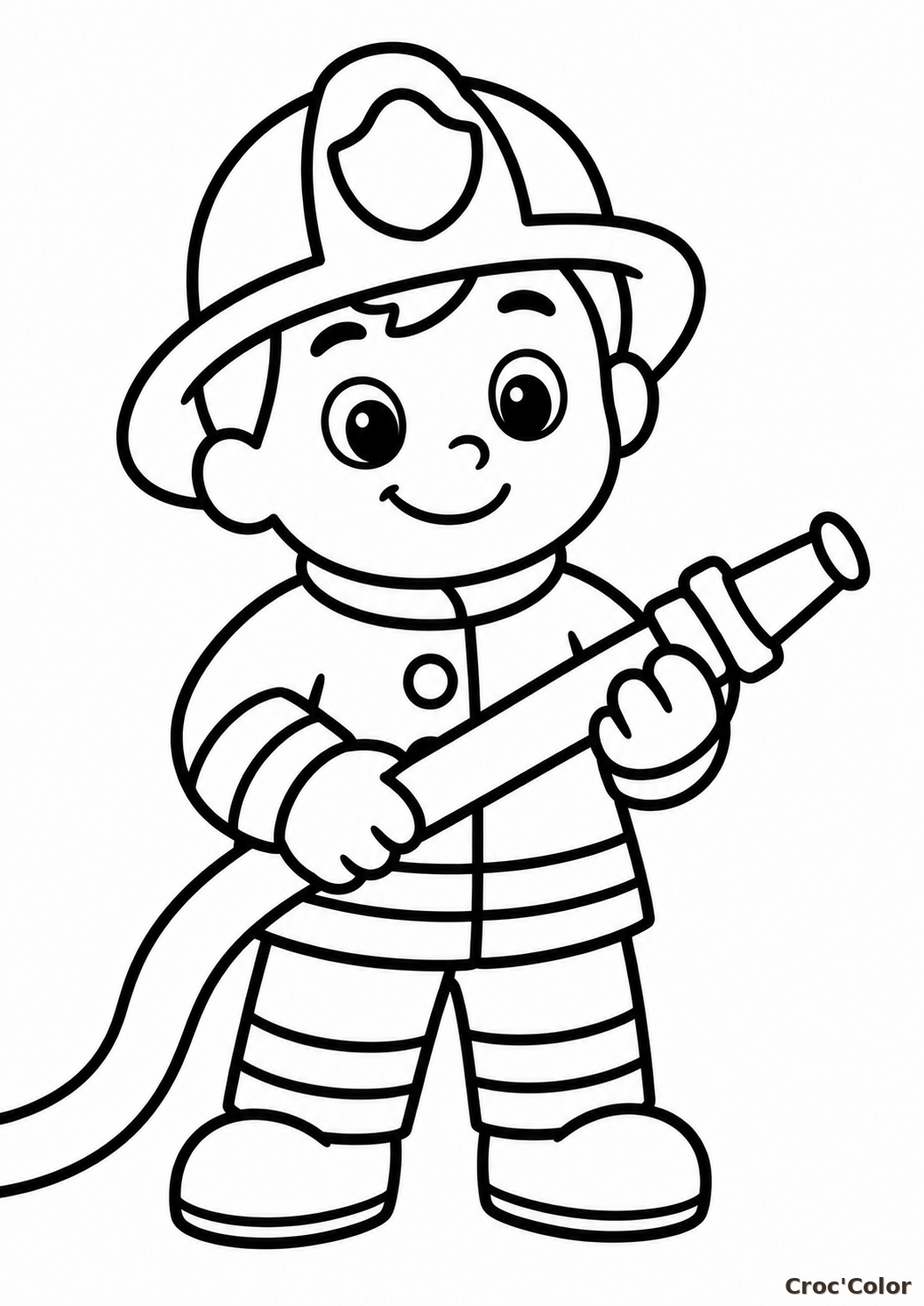 Coloriage Petit Pompier Facile Maternelle - Dessin Soldat du Feu et Lance à Incendie à Imprimer Gratuit