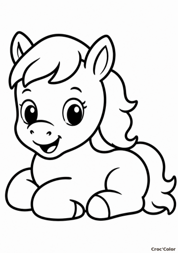Coloriage Petit Poney Couché Maternelle - Dessin Poulain Kawaii Facile à Imprimer Gratuit