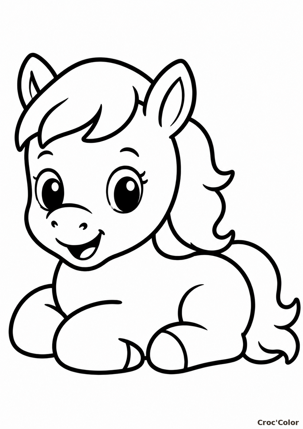Coloriage Petit Poney Couché Maternelle - Dessin Poulain Kawaii Facile à Imprimer Gratuit