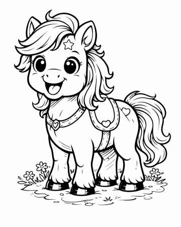 Coloriage Petit Poney Mignon - Dessin Licorne ou Cheval Magique avec Cœurs à Imprimer Gratuit