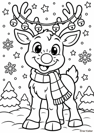 Coloriage Petit Renne de Noël Facile - Dessin Renne Mignon, Grelots, Écharpe et Flocons à Imprimer Gratuit