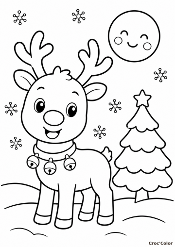 Coloriage Coloriage Petit Renne de Noël Facile Maternelle – Dessin Renne, Sapin Enneigé, Lune Souriante et Flocons à Imprimer Gratuit à imprimer