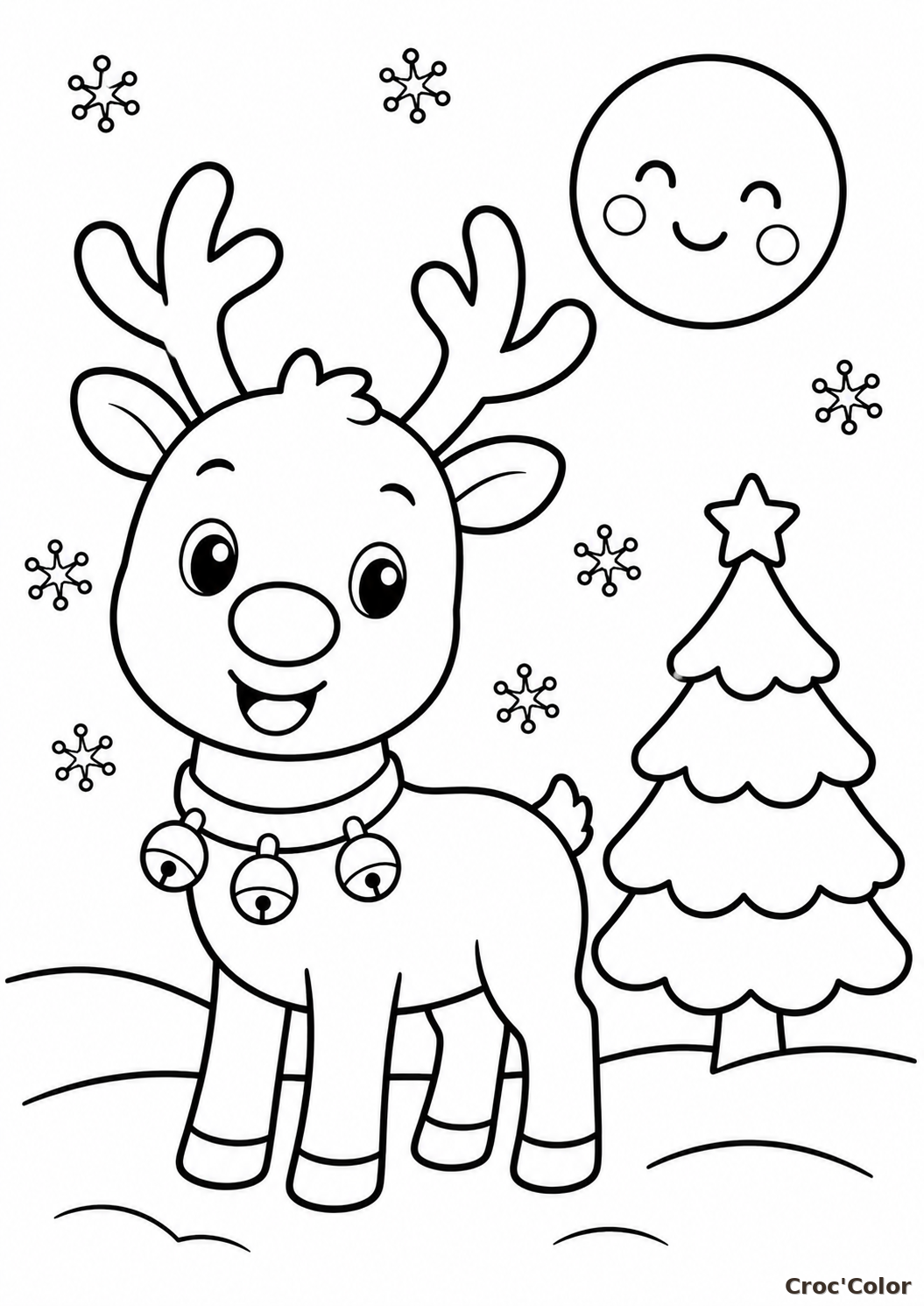 Coloriage Petit Renne de Noël Facile Maternelle - Dessin Renne, Sapin Enneigé, Lune Souriante et Flocons à Imprimer Gratuit