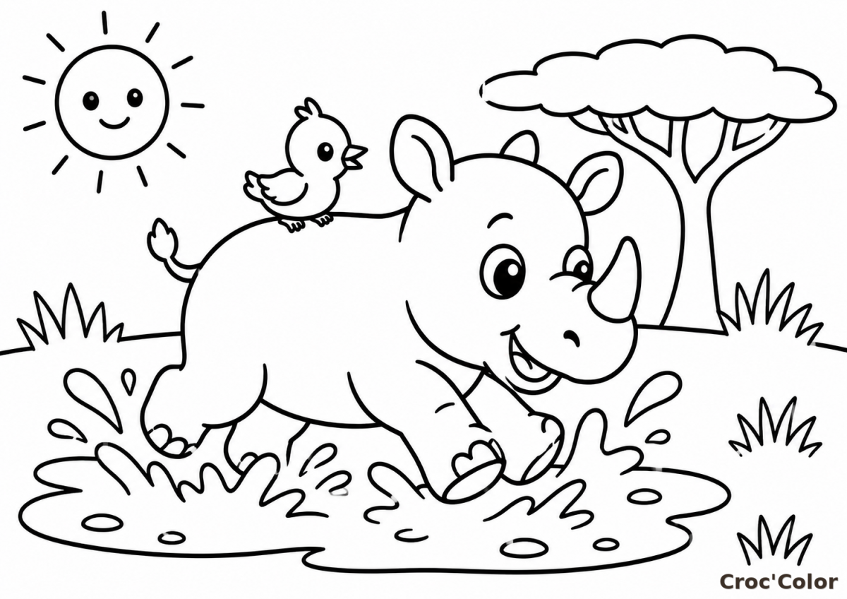 Coloriage Petit Rhinocéros Maternelle - Dessin Rhinocéros et Pique-Bœuf Facile à Imprimer Gratuit