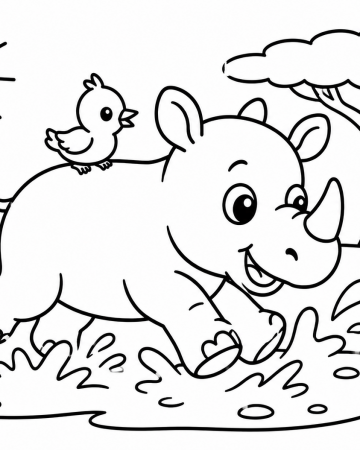 Coloriage Petit Rhinocéros Maternelle - Dessin Rhinocéros et Pique-Bœuf Facile à Imprimer Gratuit