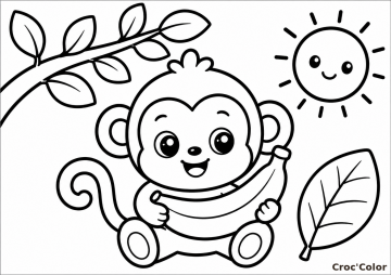 Coloriage Petit Singe et sa Banane Maternelle - Dessin Bébé Singe Facile à Imprimer Gratuit