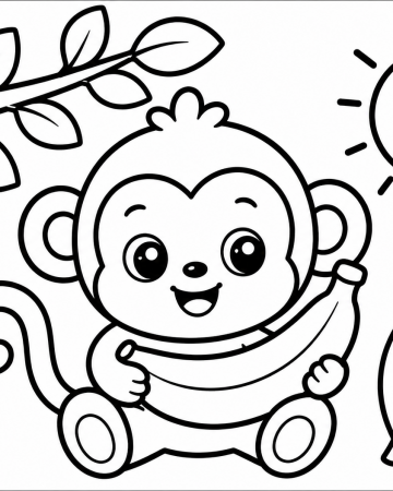 Coloriage Petit Singe et sa Banane Maternelle - Dessin Bébé Singe Facile à Imprimer Gratuit