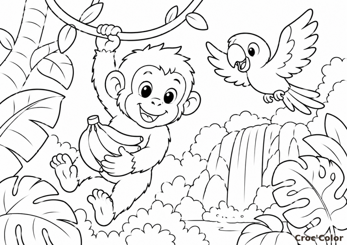 Coloriage Petit Singe sur une Liane - Dessin Singe de la Jungle et Perroquet à Imprimer Gratuit