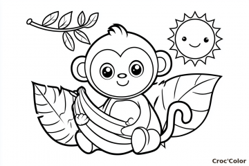 Coloriage Petit Singe Mignon Facile Maternelle - Dessin Animaux de la Jungle et Banane à Imprimer Gratuit