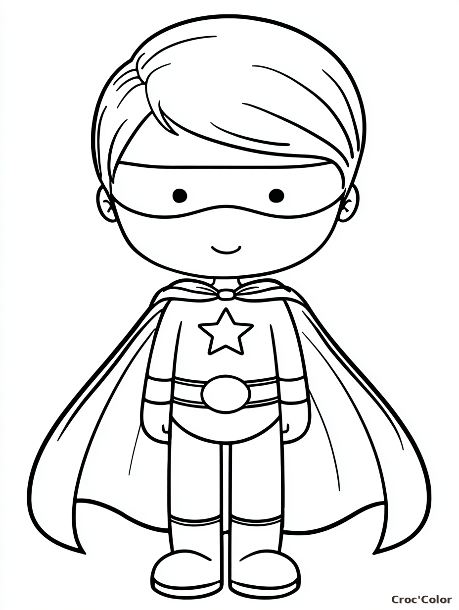 Coloriage Petit Super-Héros Facile Maternelle - Dessin Garçon Masqué, Cape, Étoile et Bottes à Imprimer Gratuit
