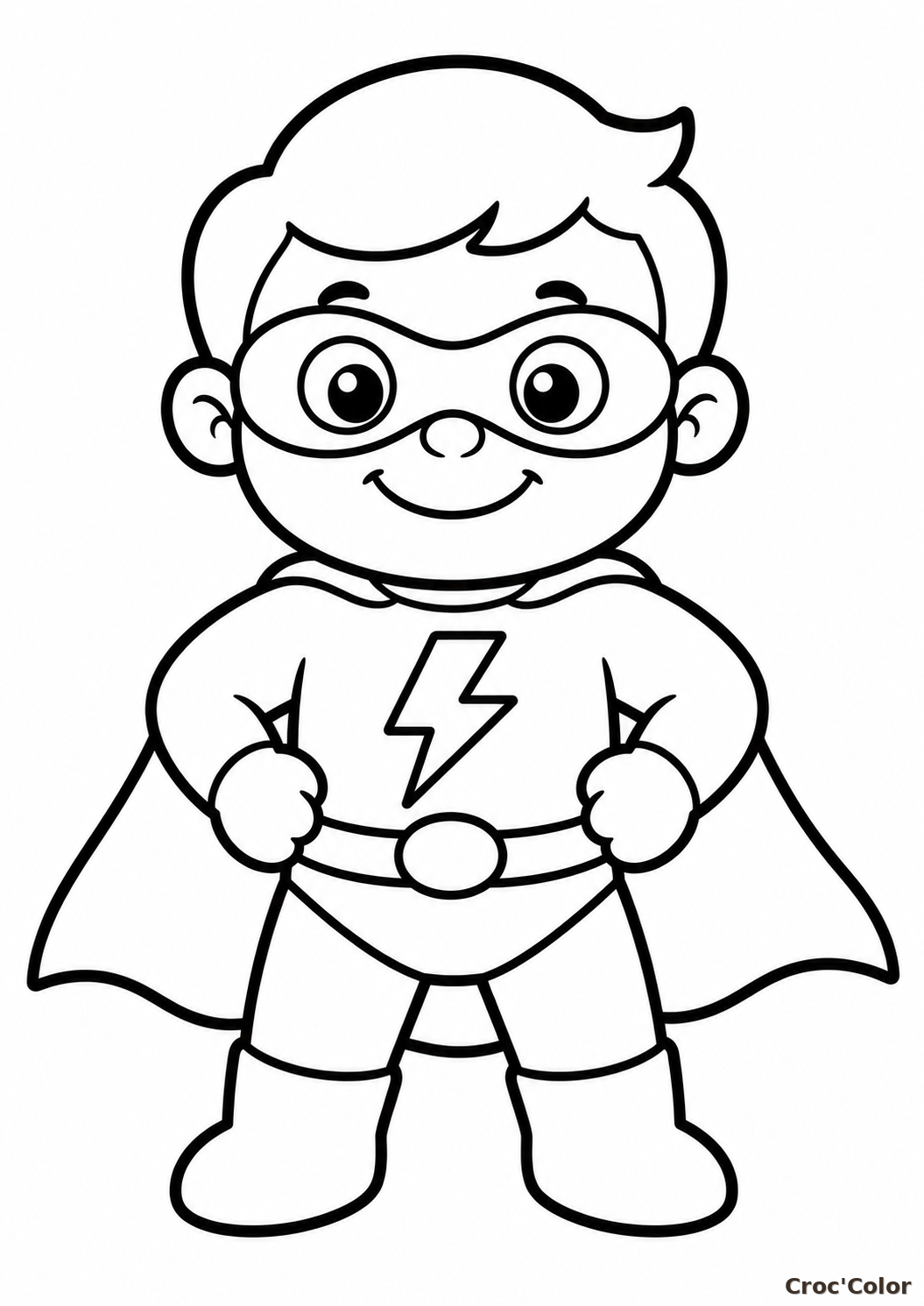 Coloriage Petit Super-Héros Kawaii Facile Maternelle - Dessin Garçon Super-Héros, Masque, Cape et Éclair à Imprimer Gratuit