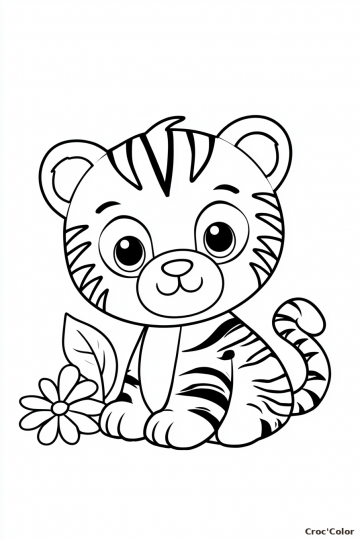 Coloriage Petit Tigre et sa Fleur Maternelle - Dessin Bébé Tigre Facile à Imprimer Gratuit