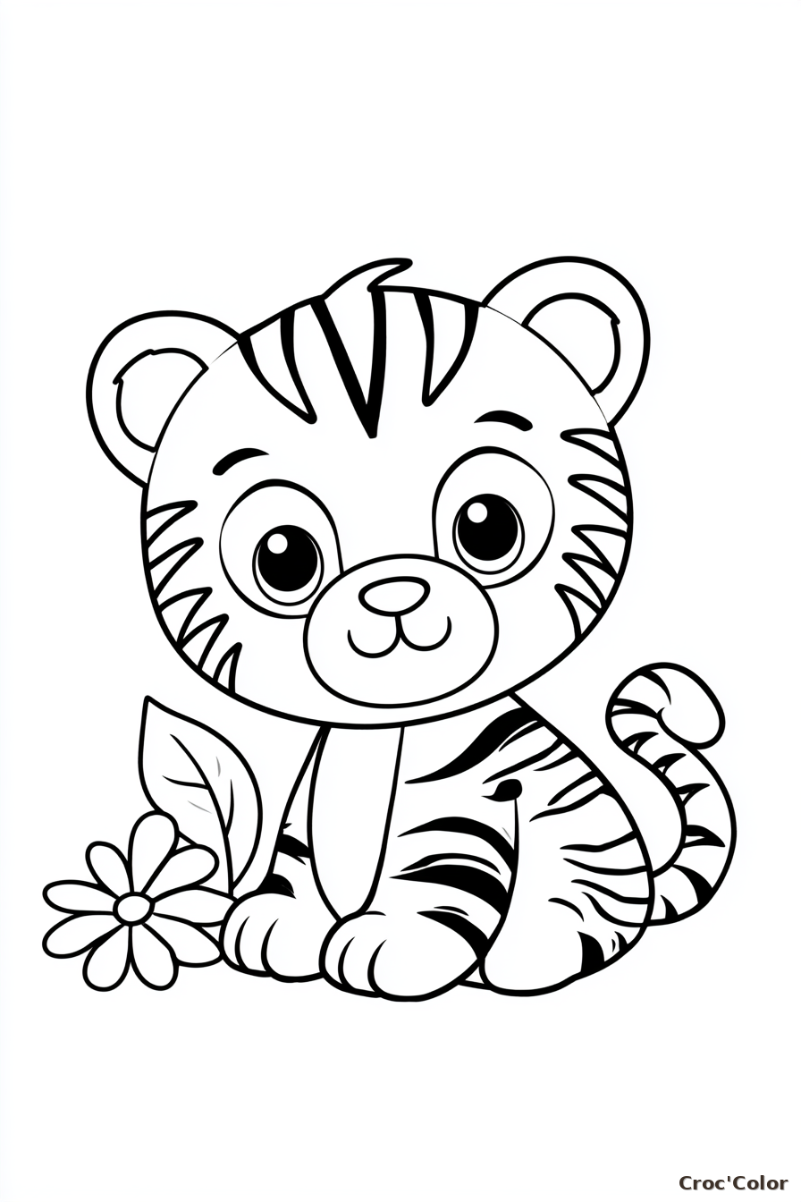 Coloriage Petit Tigre et sa Fleur Maternelle - Dessin Bébé Tigre Facile à Imprimer Gratuit