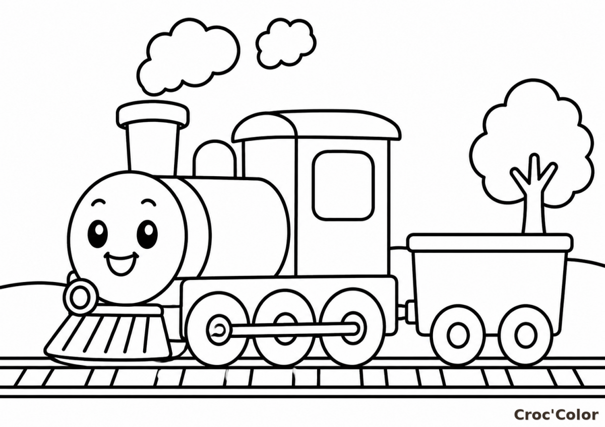 Coloriage Petit Train Facile Maternelle - Dessin Locomotive Mignonne à Imprimer