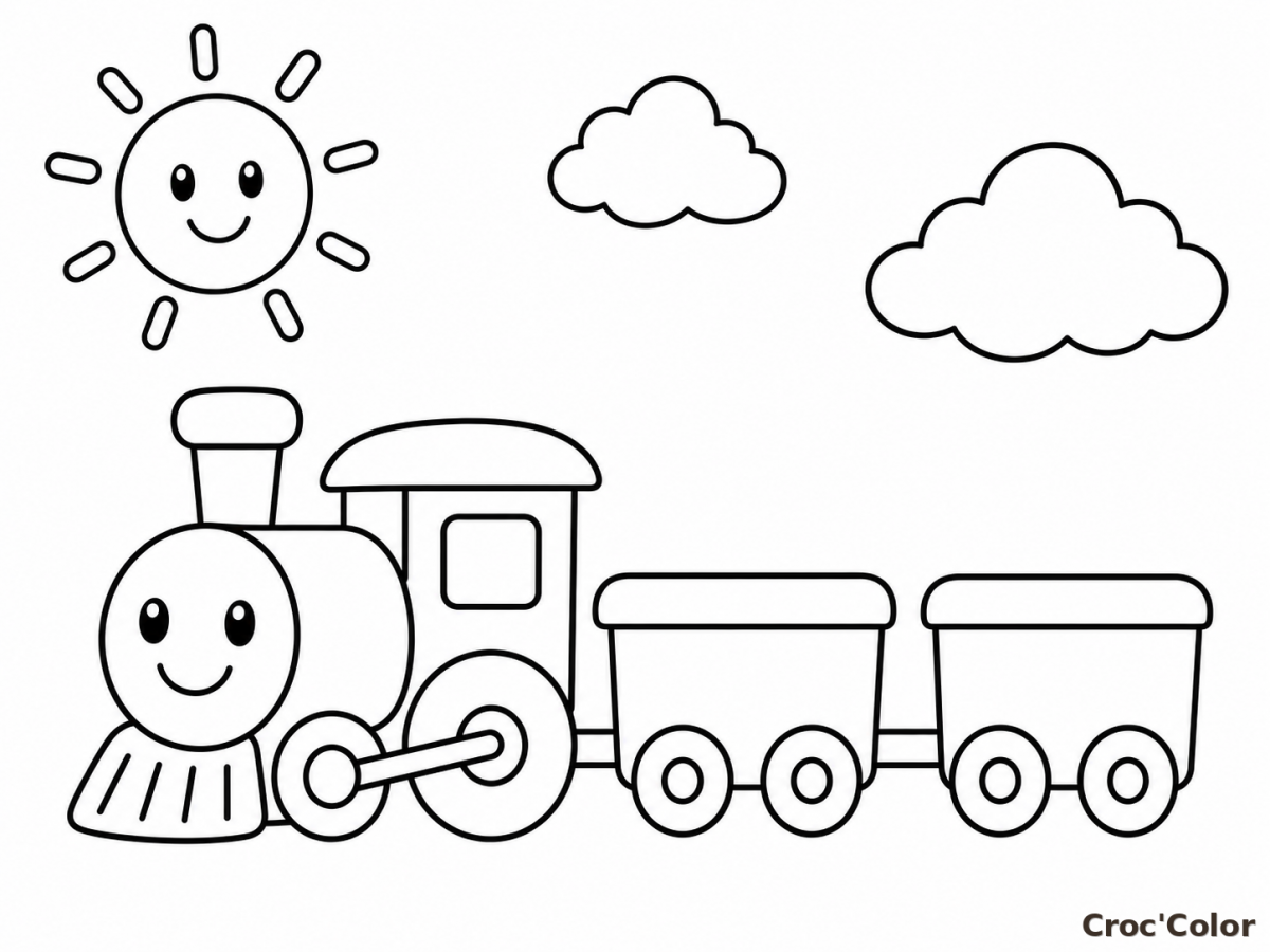 Coloriage Petit Train Rigolo et Soleil Souriant - Dessin Facile à Imprimer