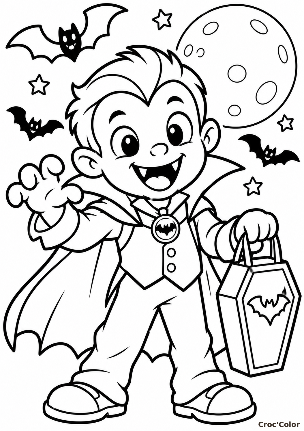 Coloriage Petit Vampire Halloween Facile - Dessin Vampire Mignon, Cape, Sac Cerceuil et Chauves-Souris à Imprimer Gratuit