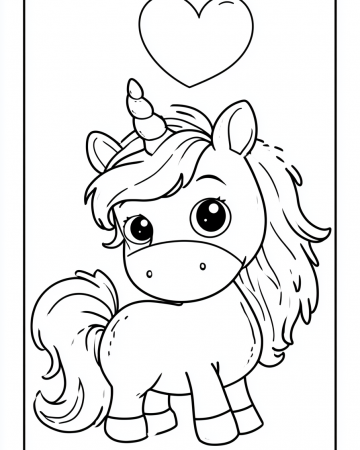 Coloriage Petite Licorne avec un Cœur Maternelle - Dessin Licorne Kawaii Facile à Imprimer Gratuit