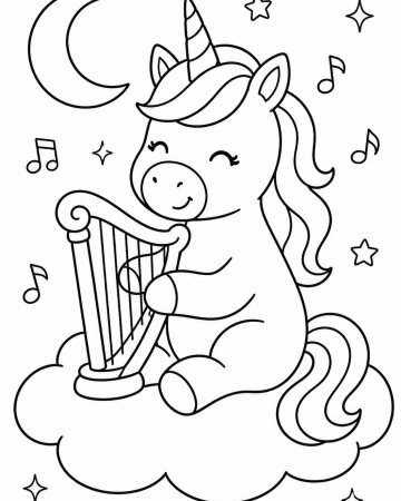 Coloriage Petite Licorne Jouant de la Harpe - Dessin Licorne Mignonne sur son Nuage à Imprimer Gratuit