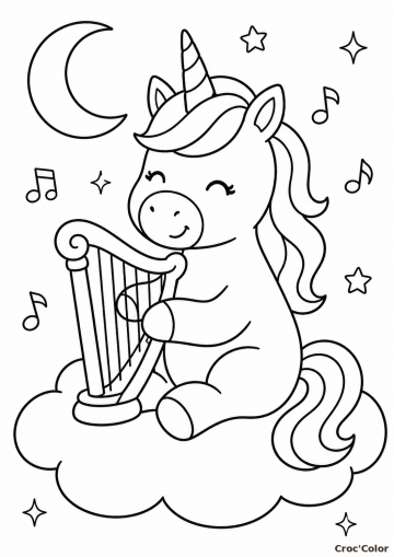 Coloriage Petite Licorne Jouant de la Harpe - Dessin Licorne Mignonne sur son Nuage à Imprimer Gratuit