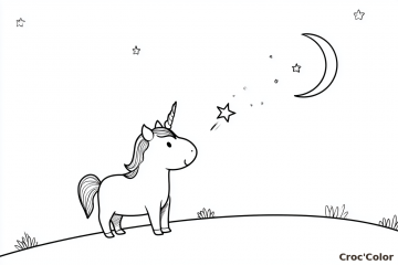 Coloriage Petite Licorne et Étoile Filante - Dessin Licorne Mignonne sous la Lune à Imprimer Gratuit