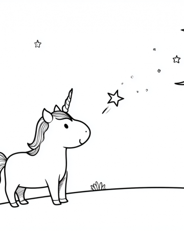 Coloriage Petite Licorne et Étoile Filante - Dessin Licorne Mignonne sous la Lune à Imprimer Gratuit