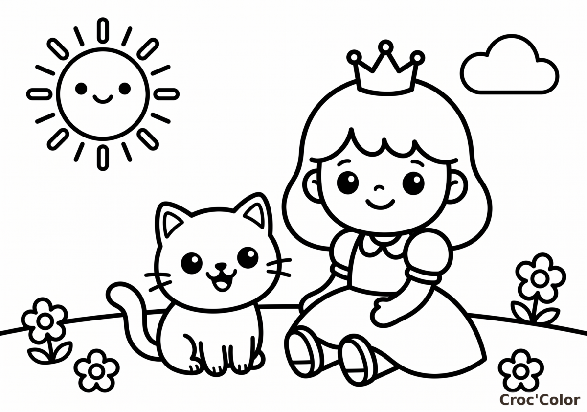 Coloriage Petite Princesse et Chat Facile Maternelle - Dessin Jardin à Imprimer