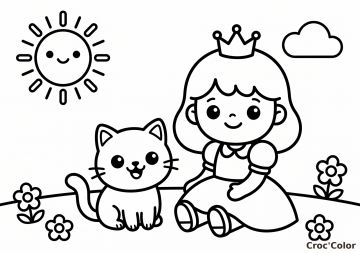 Coloriage Petite Princesse et Chat Facile Maternelle - Dessin Jardin à Imprimer
