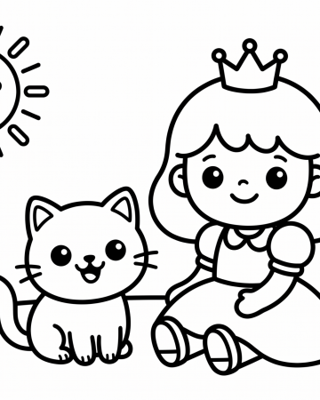 Coloriage Petite Princesse et Chat Facile Maternelle - Dessin Jardin à Imprimer
