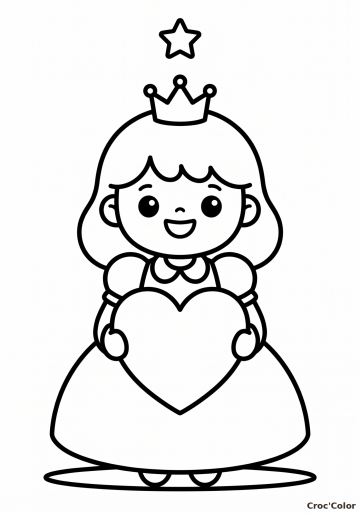 Coloriage Petite Princesse avec un Cœur Facile Maternelle - Dessin à Imprimer Gratuit