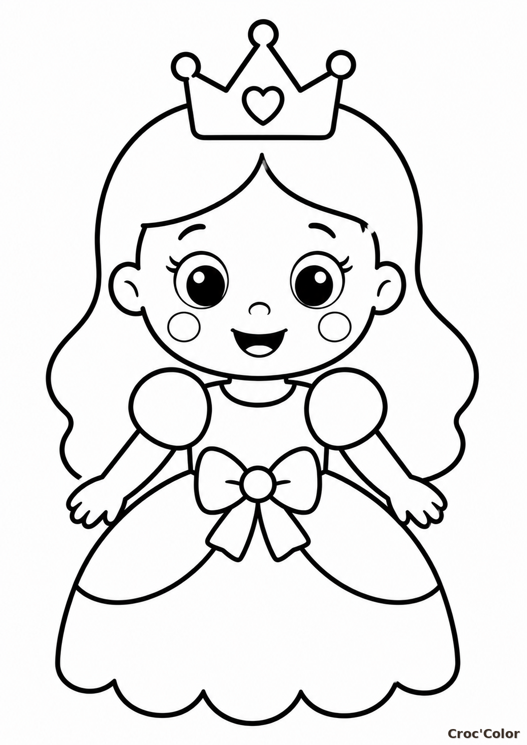 Coloriage Petite Princesse Kawaii Facile Maternelle - Dessin Princesse Mignonne, Couronne et Robe à Nœud à Imprimer Gratuit